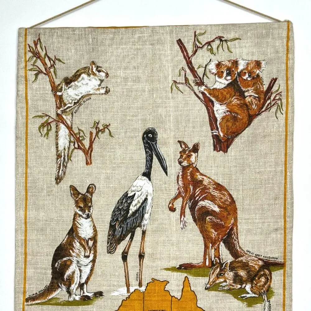 Vintage Hand Printed Pure Linen Australian Fauna Hanging Art